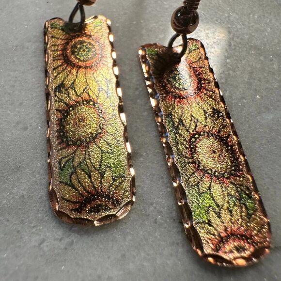 Handcrafted Copper Diamond Cut Sunflower Wire Drop Earrings, Western Boho, Gift - Picture 4 of 9